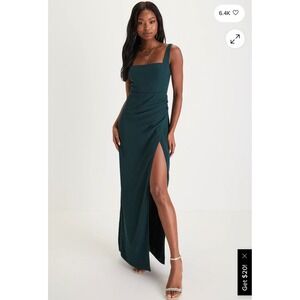 Lulus Dark Green Ruched Square Neck Midi Dress M